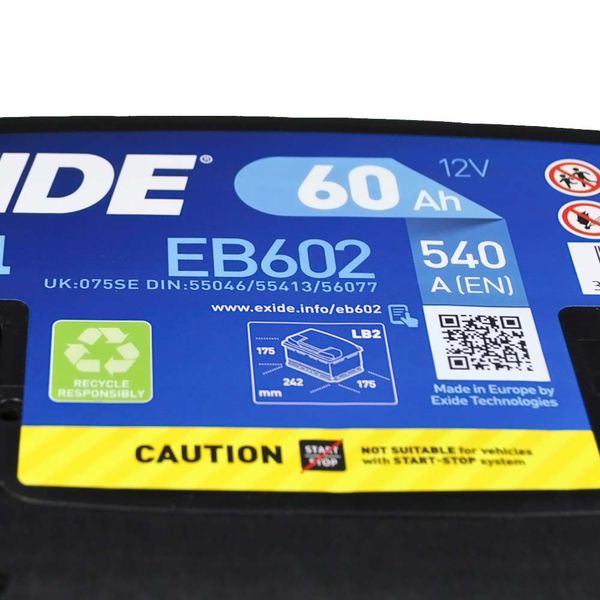 Автомобільний акумулятор EXIDE Excell 60Аh 540Ah R+ (правий +) EB602 564958894822 фото
