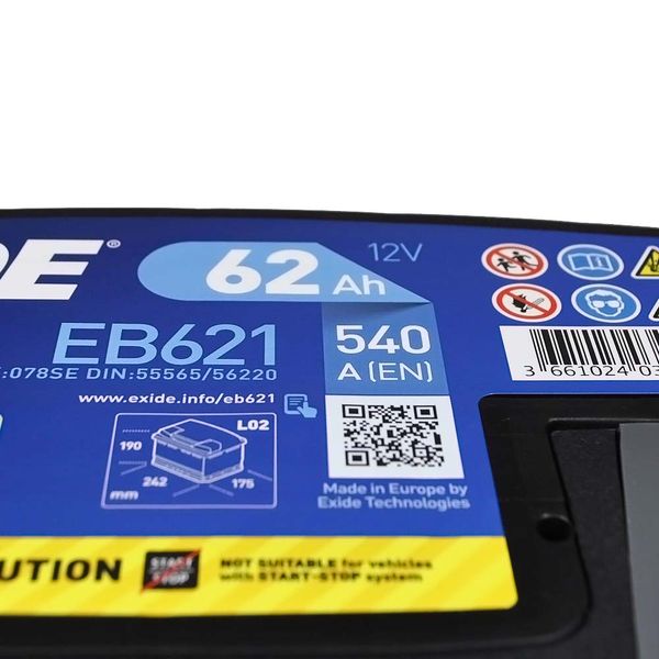 Автомобільний акумулятор EXIDE Excell 62Аh 540Ah L+ (лівий +) EB621 564958894721 фото