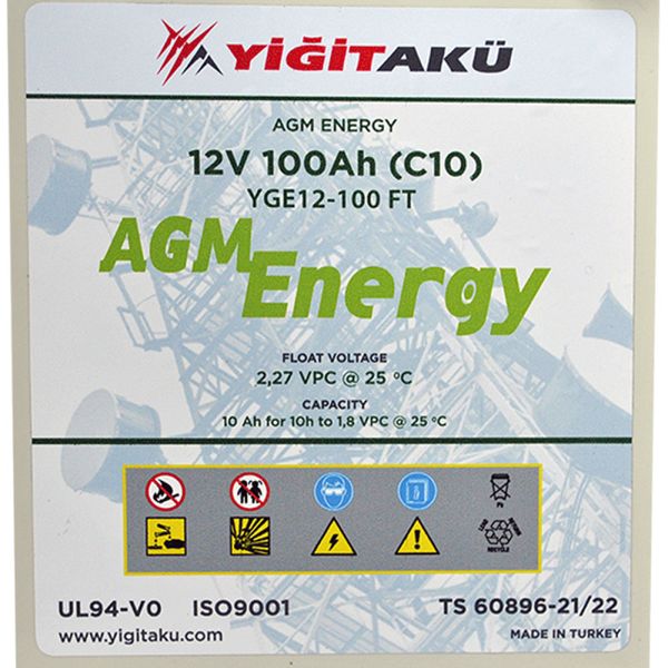 Промисловий акумулятор Yigit Aku AGM 100Ah 12V L+ (лівий +) 12998 фото