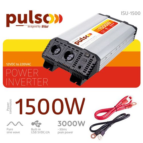 Перетворювач напруги PULSO ISU-1500/12V-220V/1500W/USB-5VDC2.0A/син.хвиля/клеми ISU-1500 фото