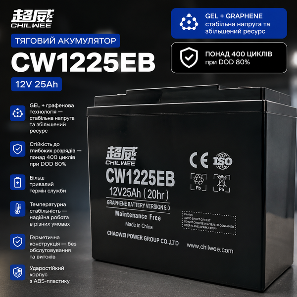 Тяговая аккумуляторная батарея (GEL+Graphene) CHILWEE CW1225EB 12V25Ah 10224521 фото