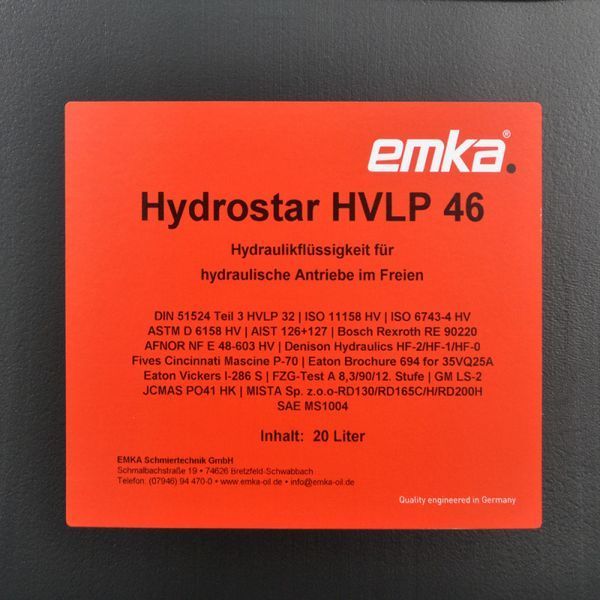 Гідравлічна олива Emka Hydrostar HVLP 46 20л 1022586 фото