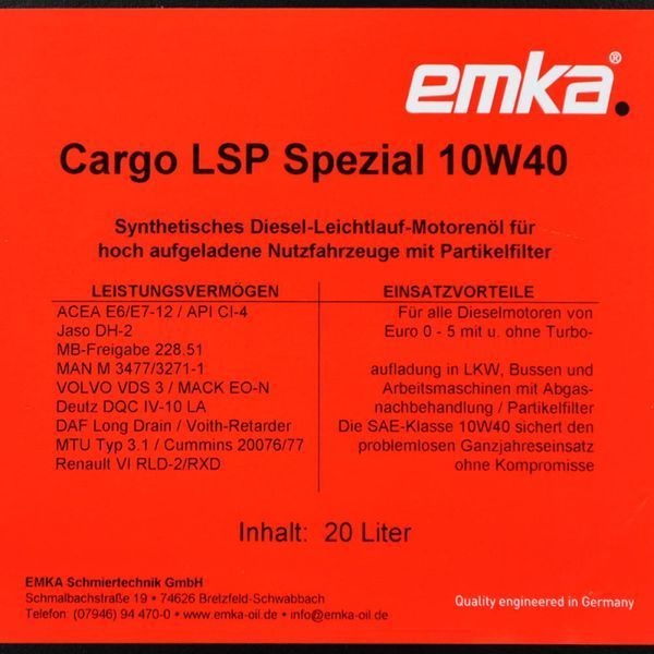 Моторна олива Emka Cargo LSP Spezial 10W-40 20L 1022374 фото