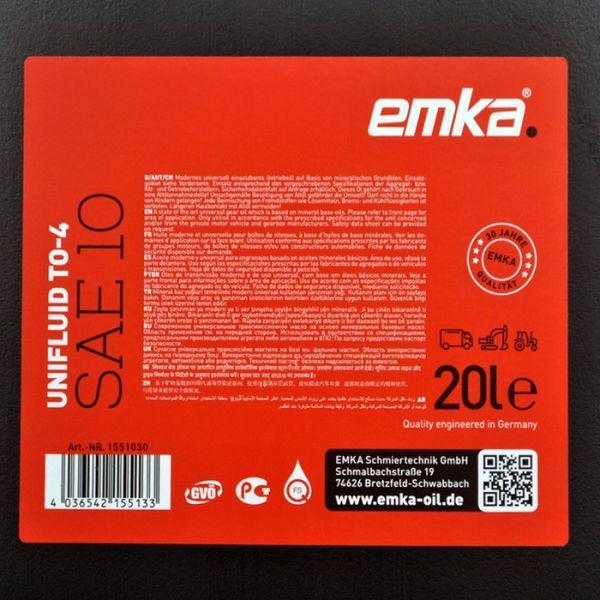 Гідравлічно-трансмісійна олива Emka Unifluid TO-4 SAE 10 20л 1022380 фото