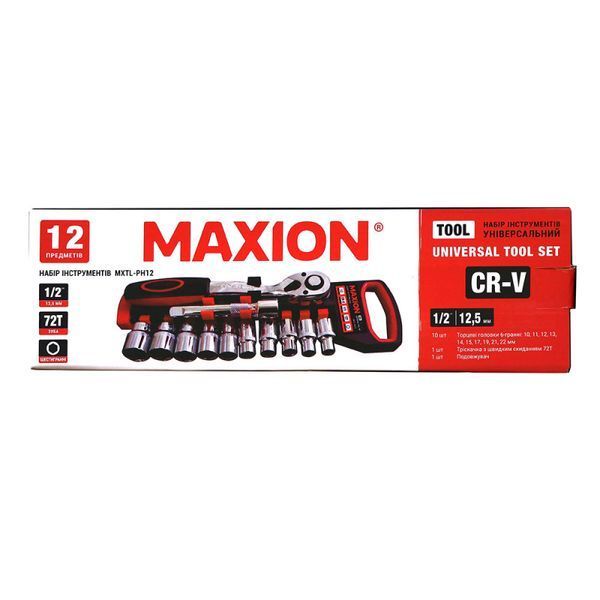 Набір головок з тріскачкою 1/2&rdquo;, 12 одиниць, Cr-V, MAXION MXTL- PH12, (10-22мм) 13149 фото
