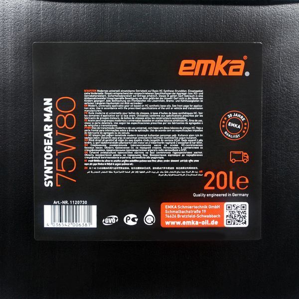Трансмиссионное масло Emka Syntogear MAN 75W80 20л 1022554 фото